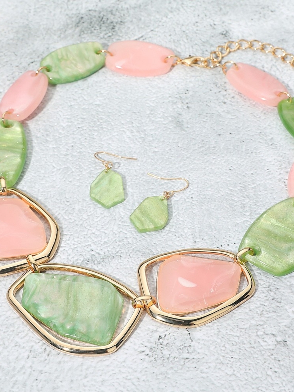 Gold-Tone Pink & Green Resin Statement Necklace with Matching Earrings AkAlpha
